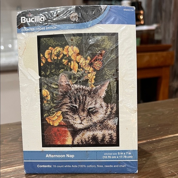 Bucilla Cross Stitch Kit - Cat with Flowers and Butterfly - Picture 1 of 8